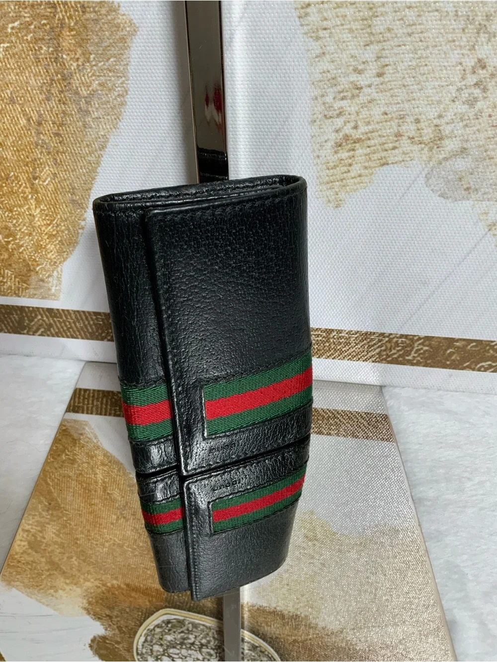 Gucci Black Leather Key & Card Holder with Green and Red Web Stripe